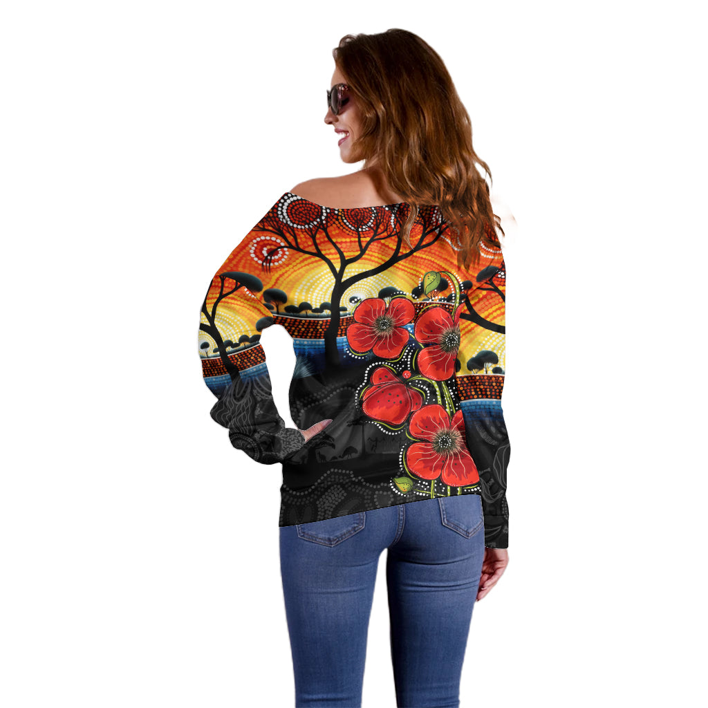 ANZAC Day Australia Poppy Flower Off Shoulder Sweater Aboriginal Style