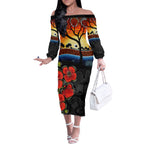 ANZAC Day Australia Poppy Flower Off The Shoulder Long Sleeve Dress Aboriginal Style