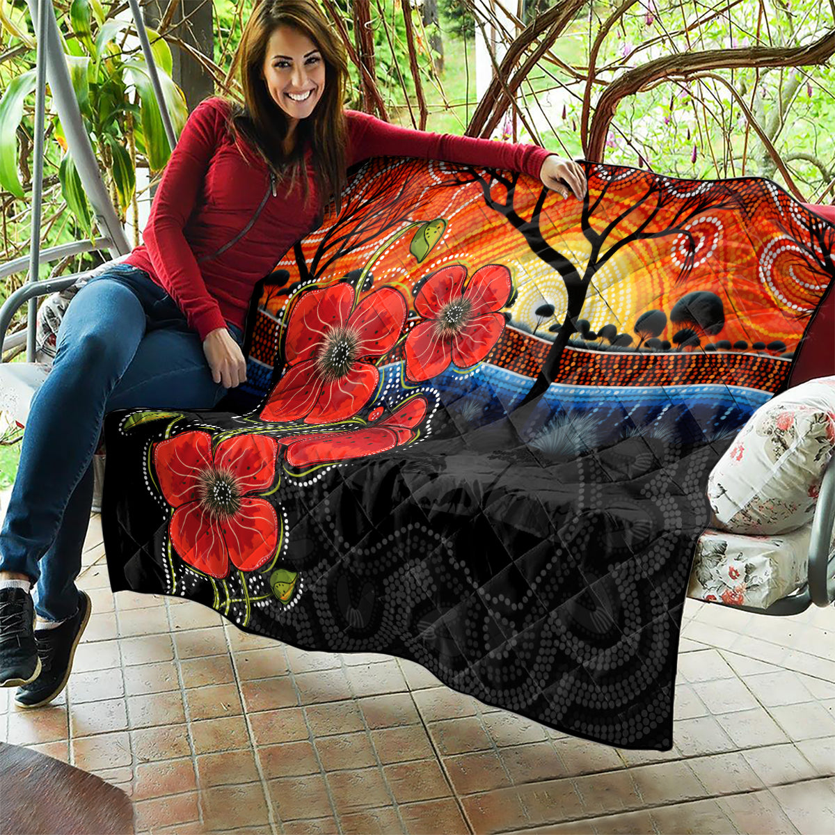 ANZAC Day Australia Poppy Flower Quilt Aboriginal Style