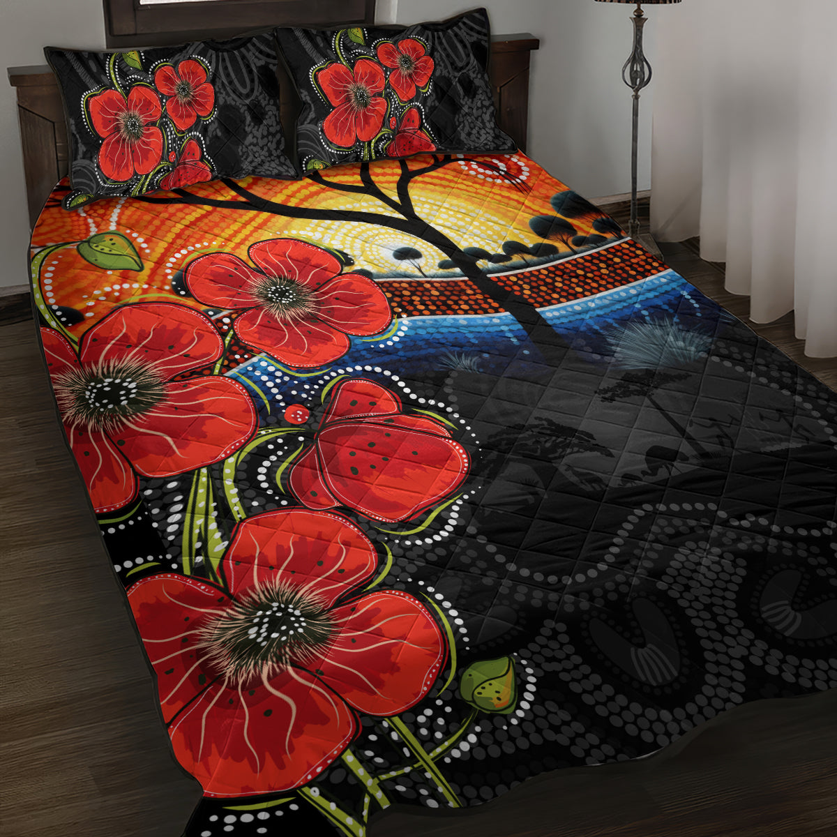 ANZAC Day Australia Poppy Flower Quilt Bed Set Aboriginal Style