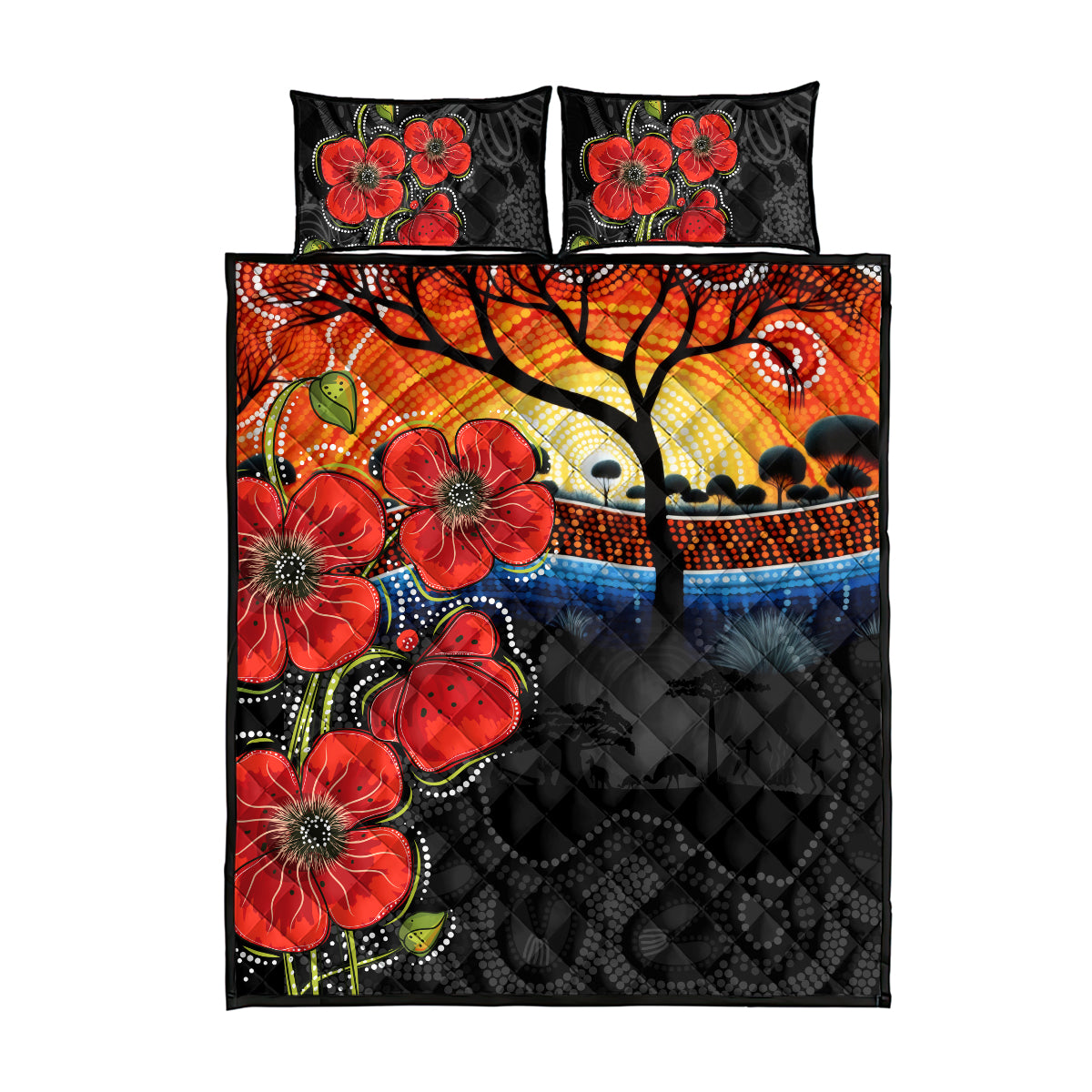ANZAC Day Australia Poppy Flower Quilt Bed Set Aboriginal Style