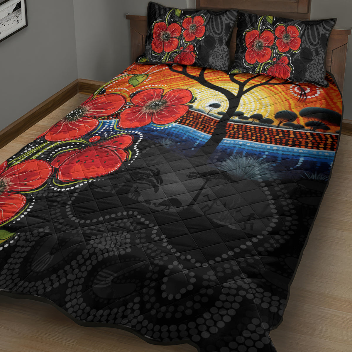 ANZAC Day Australia Poppy Flower Quilt Bed Set Aboriginal Style