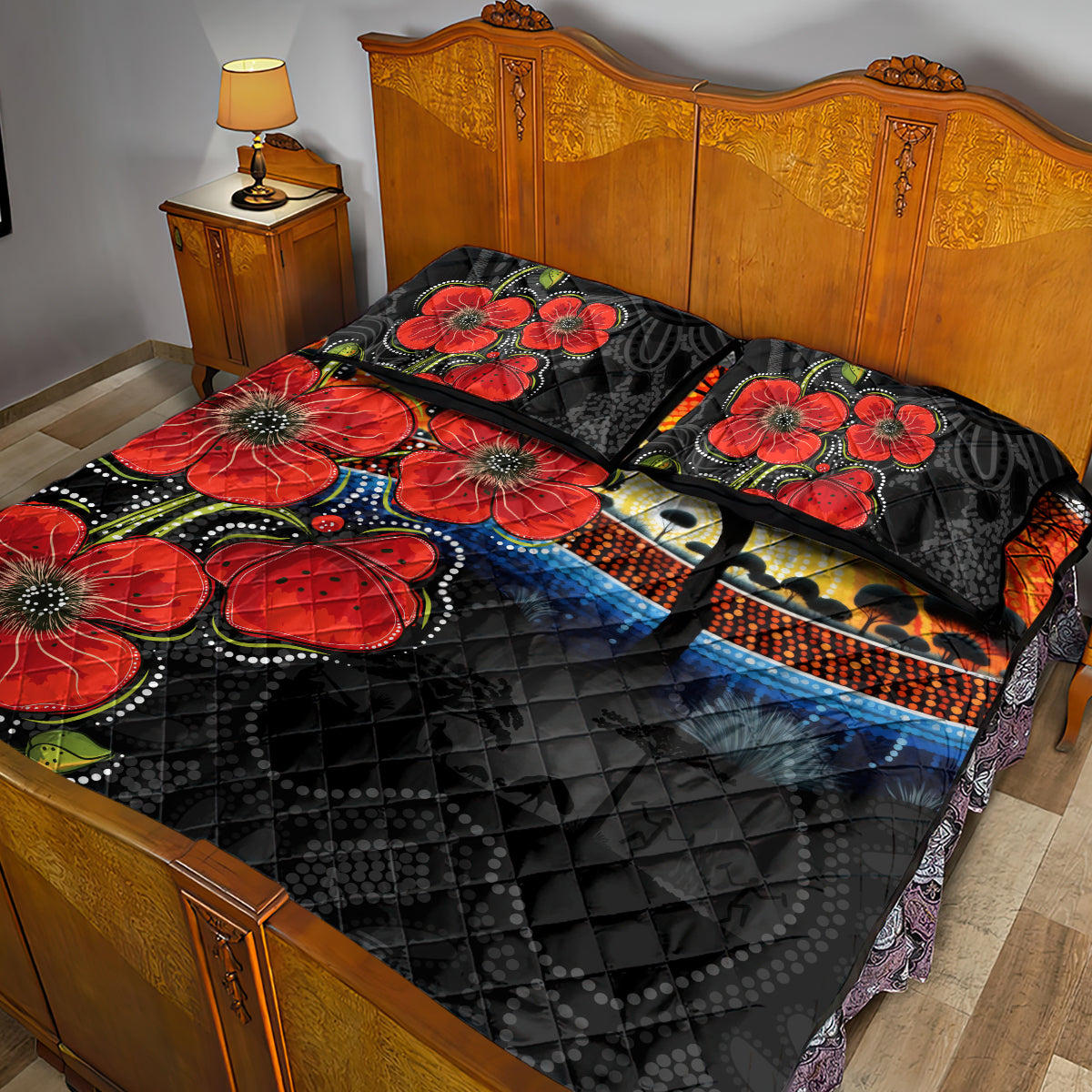 ANZAC Day Australia Poppy Flower Quilt Bed Set Aboriginal Style