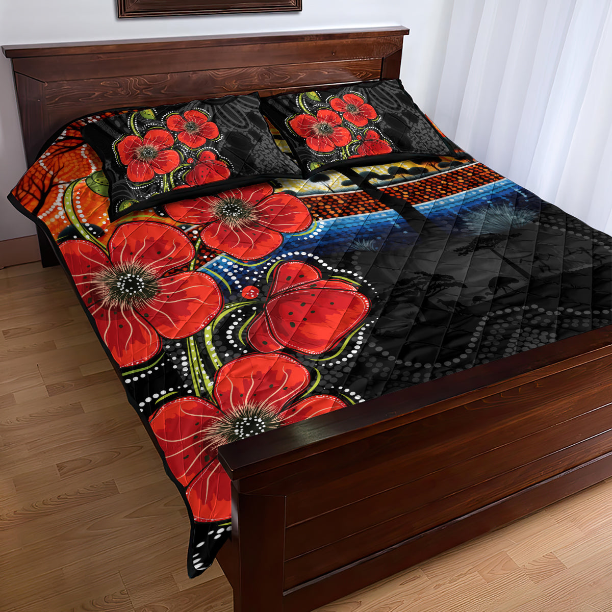 ANZAC Day Australia Poppy Flower Quilt Bed Set Aboriginal Style