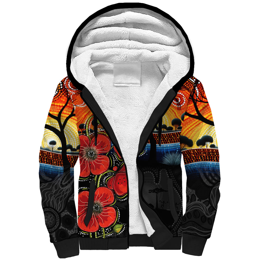 ANZAC Day Australia Poppy Flower Sherpa Hoodie Aboriginal Style
