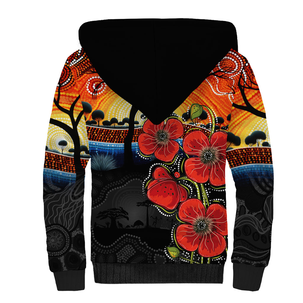 ANZAC Day Australia Poppy Flower Sherpa Hoodie Aboriginal Style