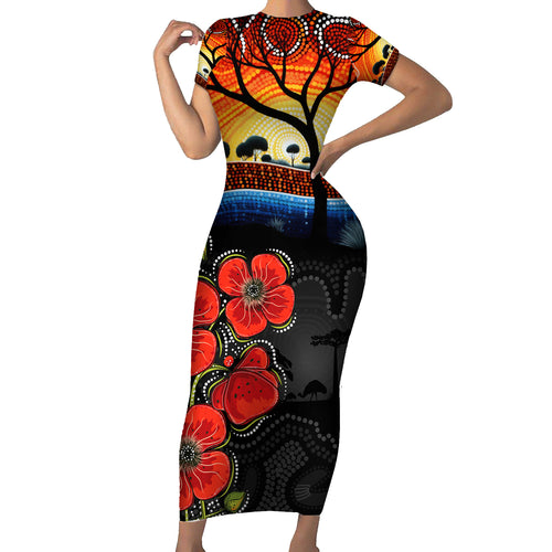 ANZAC Day Australia Poppy Flower Short Sleeve Bodycon Dress Aboriginal Style
