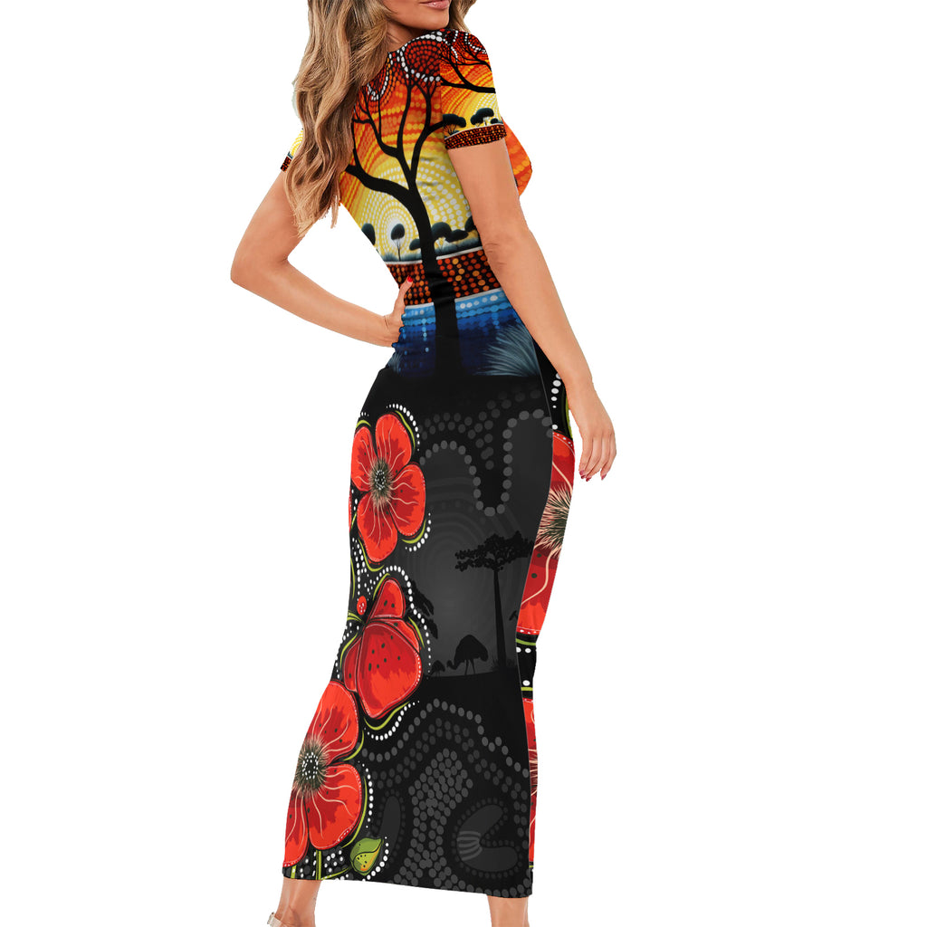 ANZAC Day Australia Poppy Flower Short Sleeve Bodycon Dress Aboriginal Style