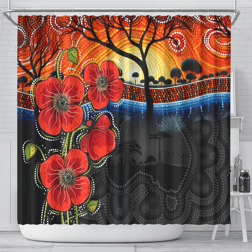 ANZAC Day Australia Poppy Flower Shower Curtain Aboriginal Style