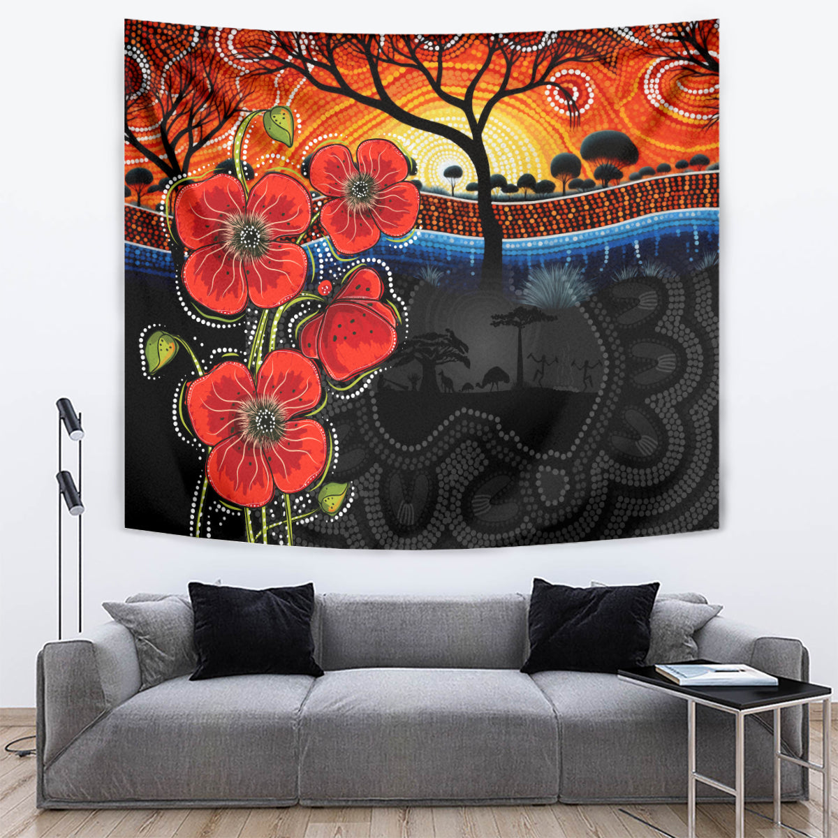 ANZAC Day Australia Poppy Flower Tapestry Aboriginal Style