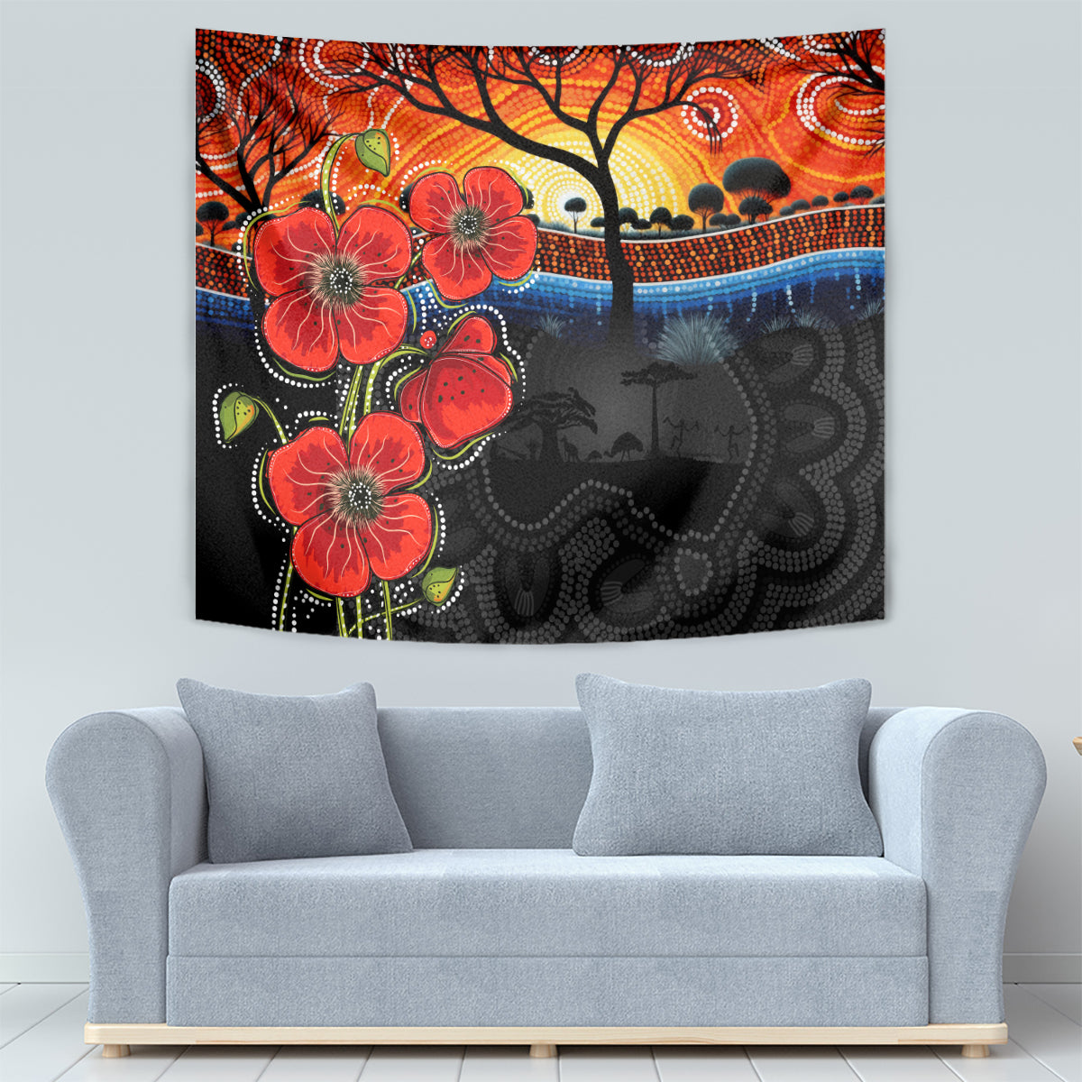 ANZAC Day Australia Poppy Flower Tapestry Aboriginal Style