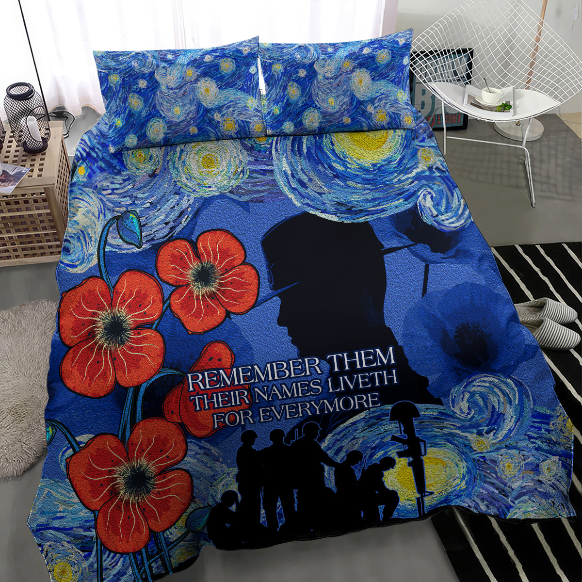 Remember Them ANZAC day Bedding Set Soldier In Starry Night Oil Paint Style