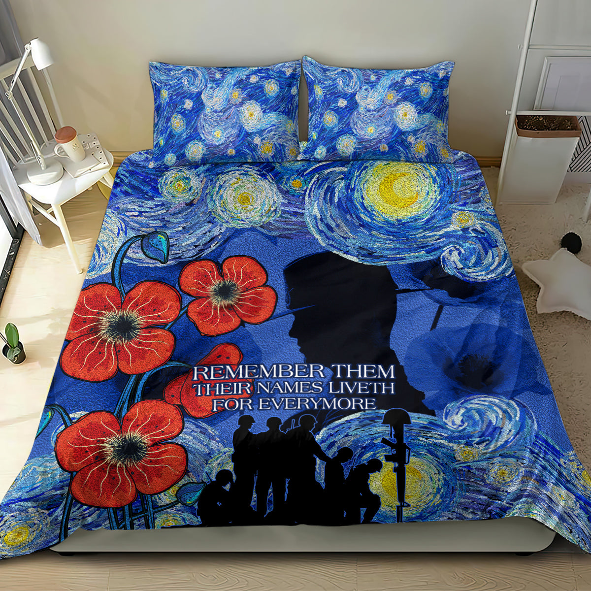 Remember Them ANZAC day Bedding Set Soldier In Starry Night Oil Paint Style