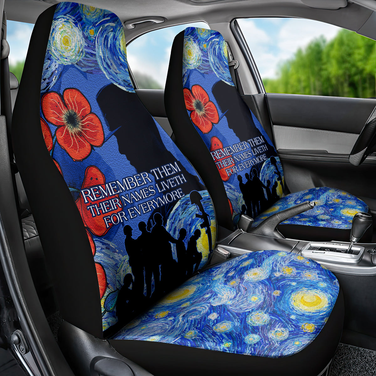 Remember Them ANZAC day Car Seat Cover Soldier In Starry Night Oil Paint Style
