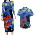 Remember Them ANZAC day Couples Matching Long Sleeve Bodycon Dress and Hawaiian Shirt Soldier In Starry Night Oil Paint Style