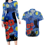 Remember Them ANZAC day Couples Matching Long Sleeve Bodycon Dress and Hawaiian Shirt Soldier In Starry Night Oil Paint Style
