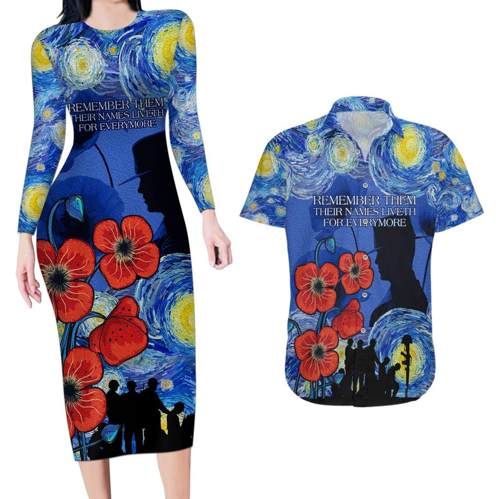 Remember Them ANZAC day Couples Matching Long Sleeve Bodycon Dress and Hawaiian Shirt Soldier In Starry Night Oil Paint Style