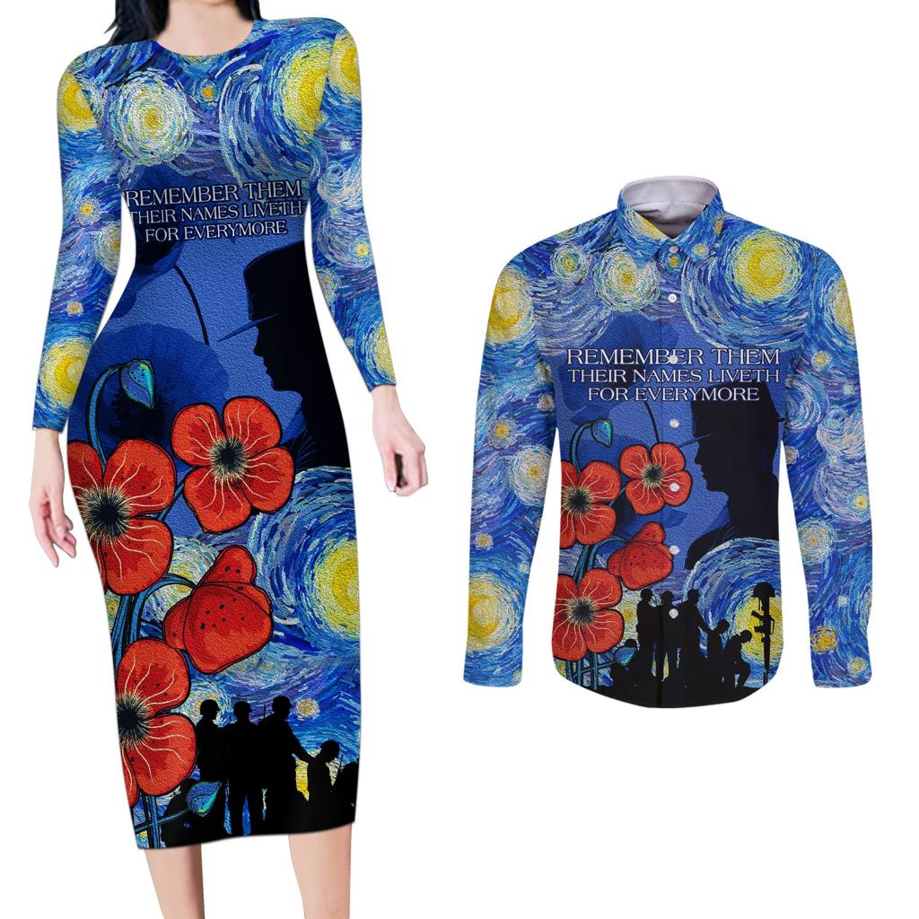 Remember Them ANZAC day Couples Matching Long Sleeve Bodycon Dress and Long Sleeve Button Shirt Soldier In Starry Night Oil Paint Style