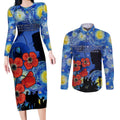 Remember Them ANZAC day Couples Matching Long Sleeve Bodycon Dress and Long Sleeve Button Shirt Soldier In Starry Night Oil Paint Style