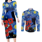 Remember Them ANZAC day Couples Matching Long Sleeve Bodycon Dress and Long Sleeve Button Shirt Soldier In Starry Night Oil Paint Style