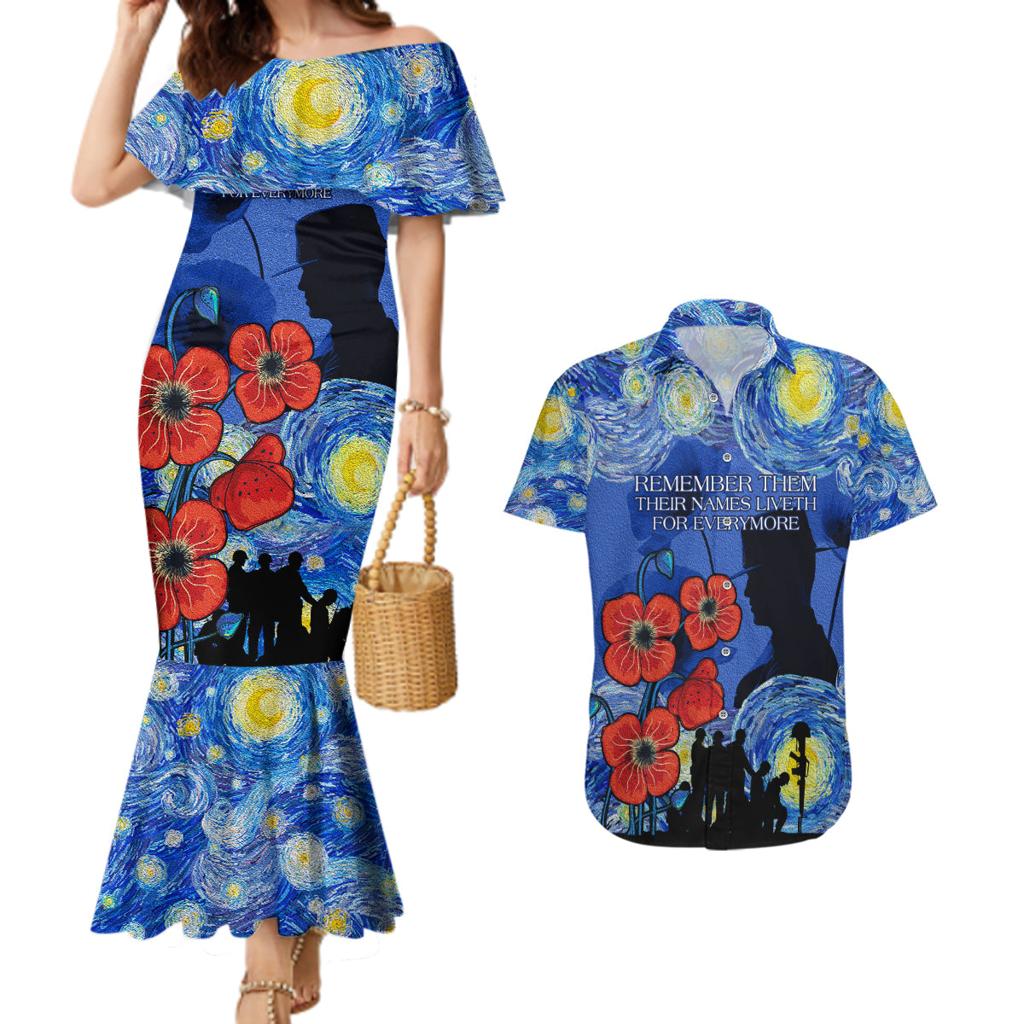 Remember Them ANZAC day Couples Matching Mermaid Dress and Hawaiian Shirt Soldier In Starry Night Oil Paint Style
