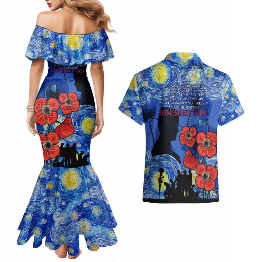 Remember Them ANZAC day Couples Matching Mermaid Dress and Hawaiian Shirt Soldier In Starry Night Oil Paint Style