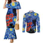 Remember Them ANZAC day Couples Matching Mermaid Dress and Long Sleeve Button Shirt Soldier In Starry Night Oil Paint Style