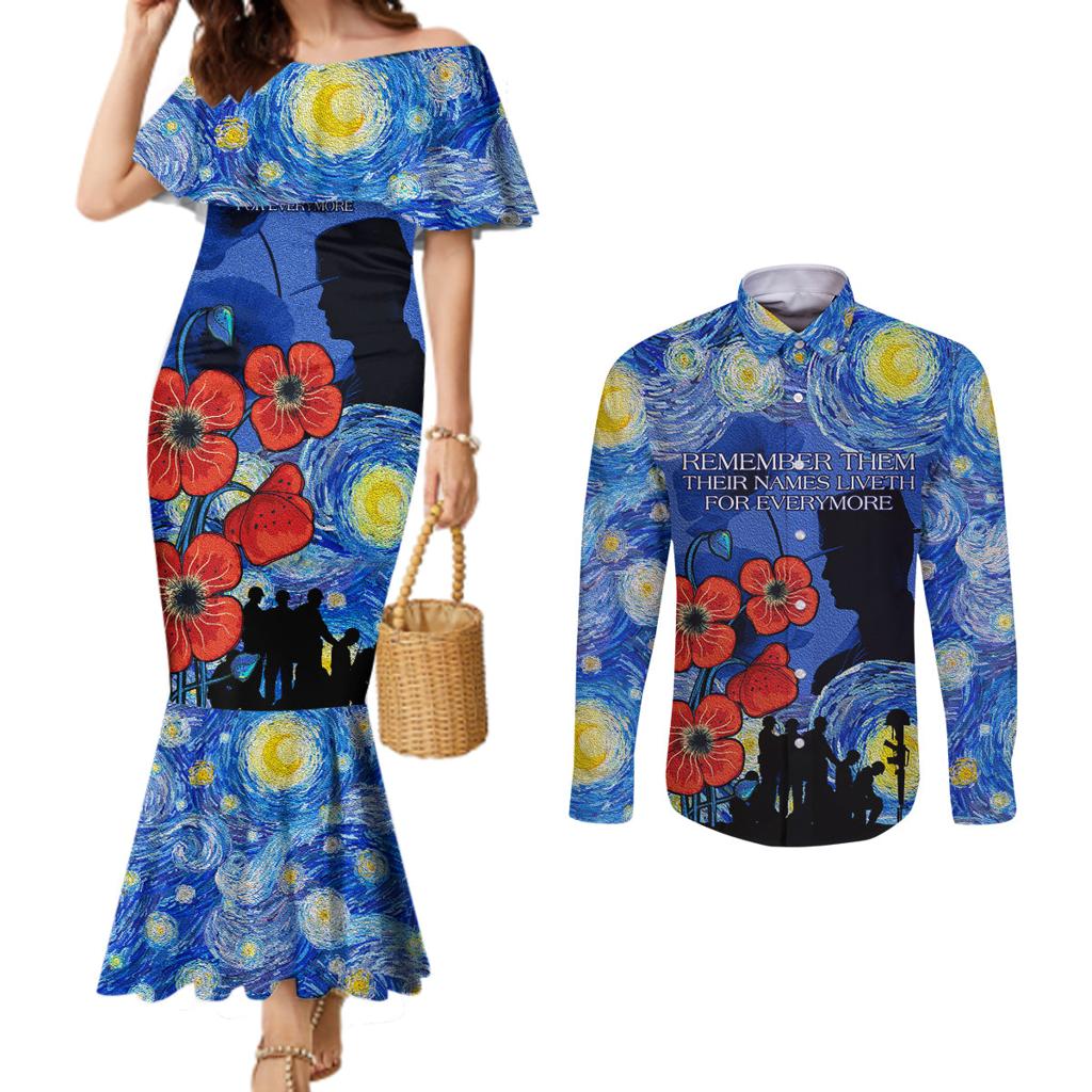 Remember Them ANZAC day Couples Matching Mermaid Dress and Long Sleeve Button Shirt Soldier In Starry Night Oil Paint Style