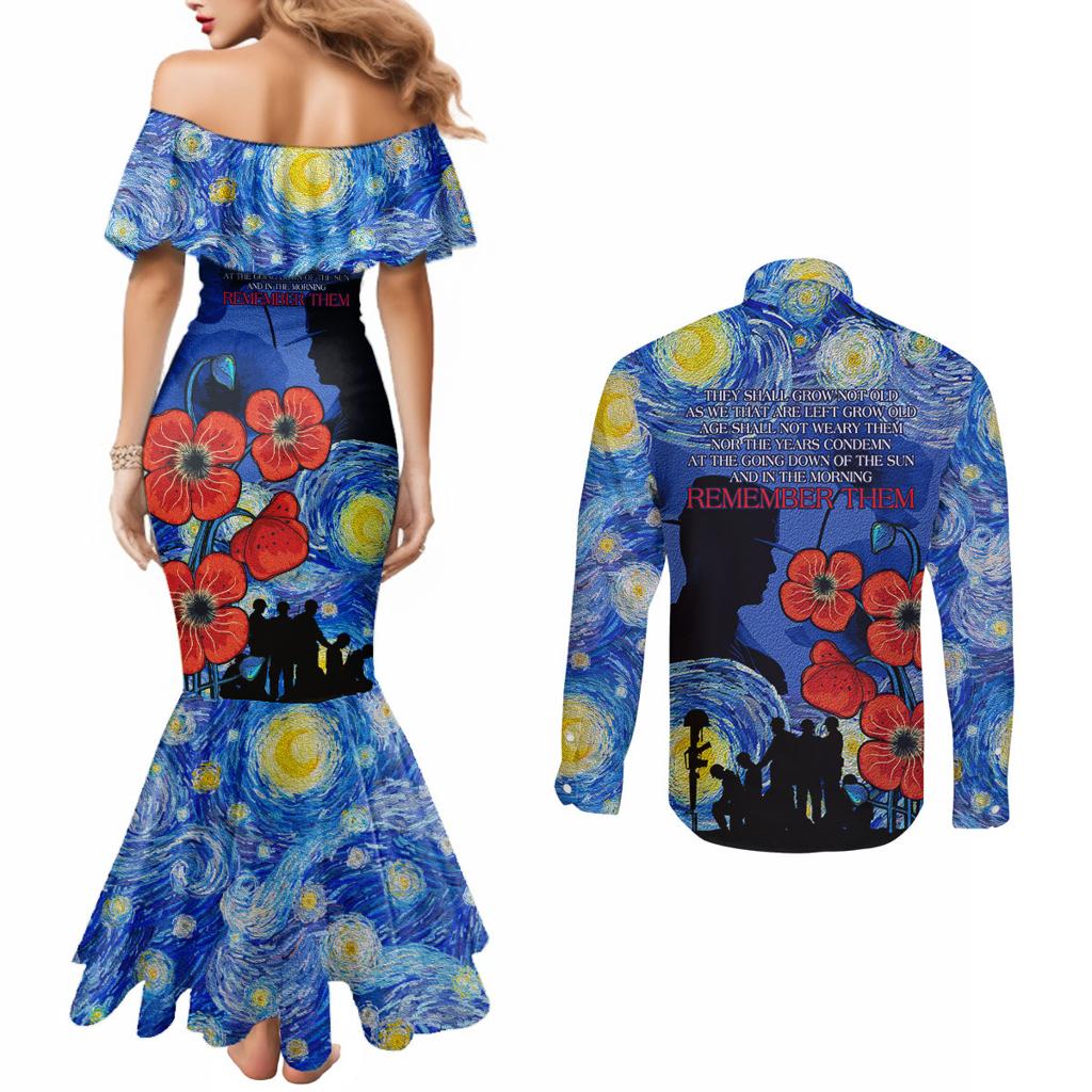 Remember Them ANZAC day Couples Matching Mermaid Dress and Long Sleeve Button Shirt Soldier In Starry Night Oil Paint Style