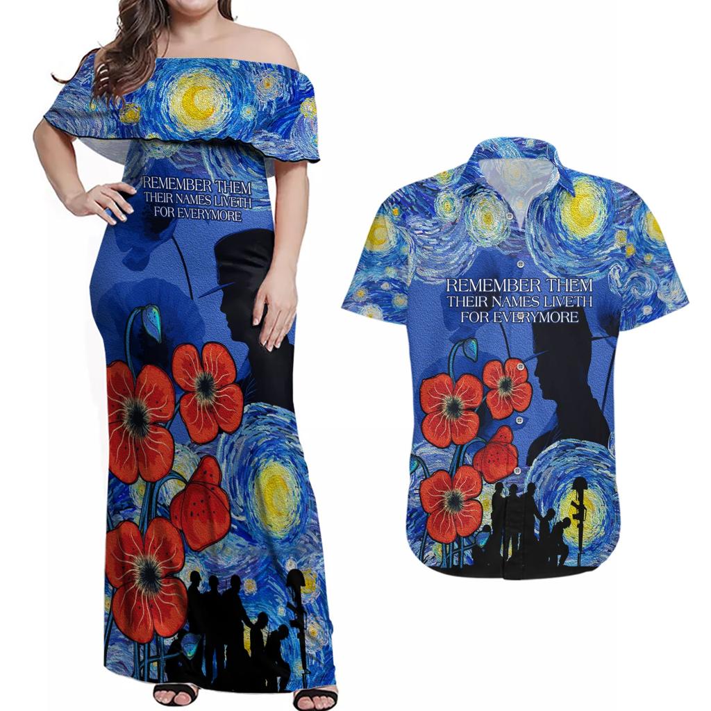 Remember Them ANZAC day Couples Matching Off Shoulder Maxi Dress and Hawaiian Shirt Soldier In Starry Night Oil Paint Style