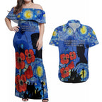 Remember Them ANZAC day Couples Matching Off Shoulder Maxi Dress and Hawaiian Shirt Soldier In Starry Night Oil Paint Style