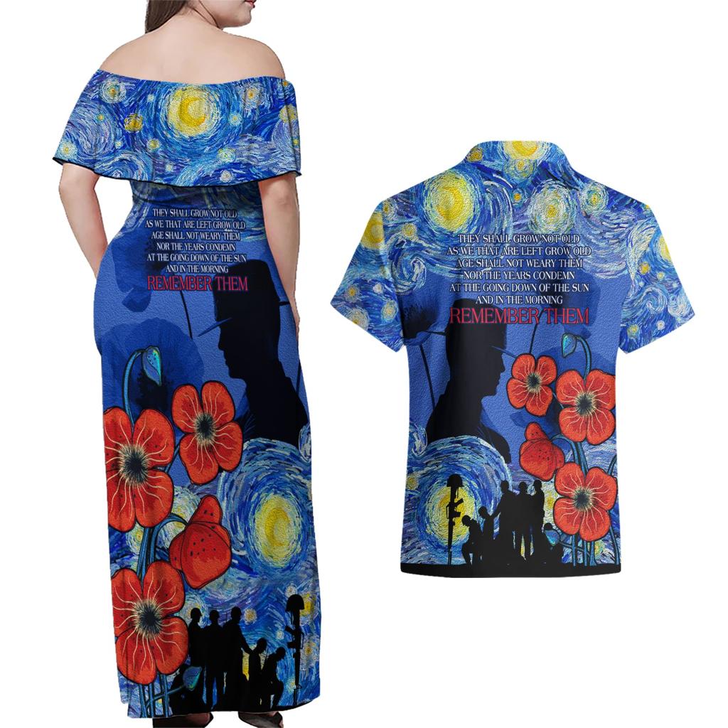Remember Them ANZAC day Couples Matching Off Shoulder Maxi Dress and Hawaiian Shirt Soldier In Starry Night Oil Paint Style