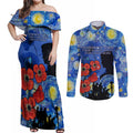 Remember Them ANZAC day Couples Matching Off Shoulder Maxi Dress and Long Sleeve Button Shirt Soldier In Starry Night Oil Paint Style
