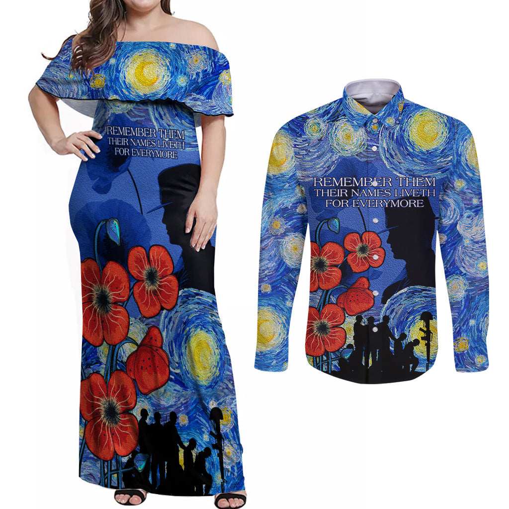 Remember Them ANZAC day Couples Matching Off Shoulder Maxi Dress and Long Sleeve Button Shirt Soldier In Starry Night Oil Paint Style