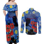 Remember Them ANZAC day Couples Matching Off Shoulder Maxi Dress and Long Sleeve Button Shirt Soldier In Starry Night Oil Paint Style