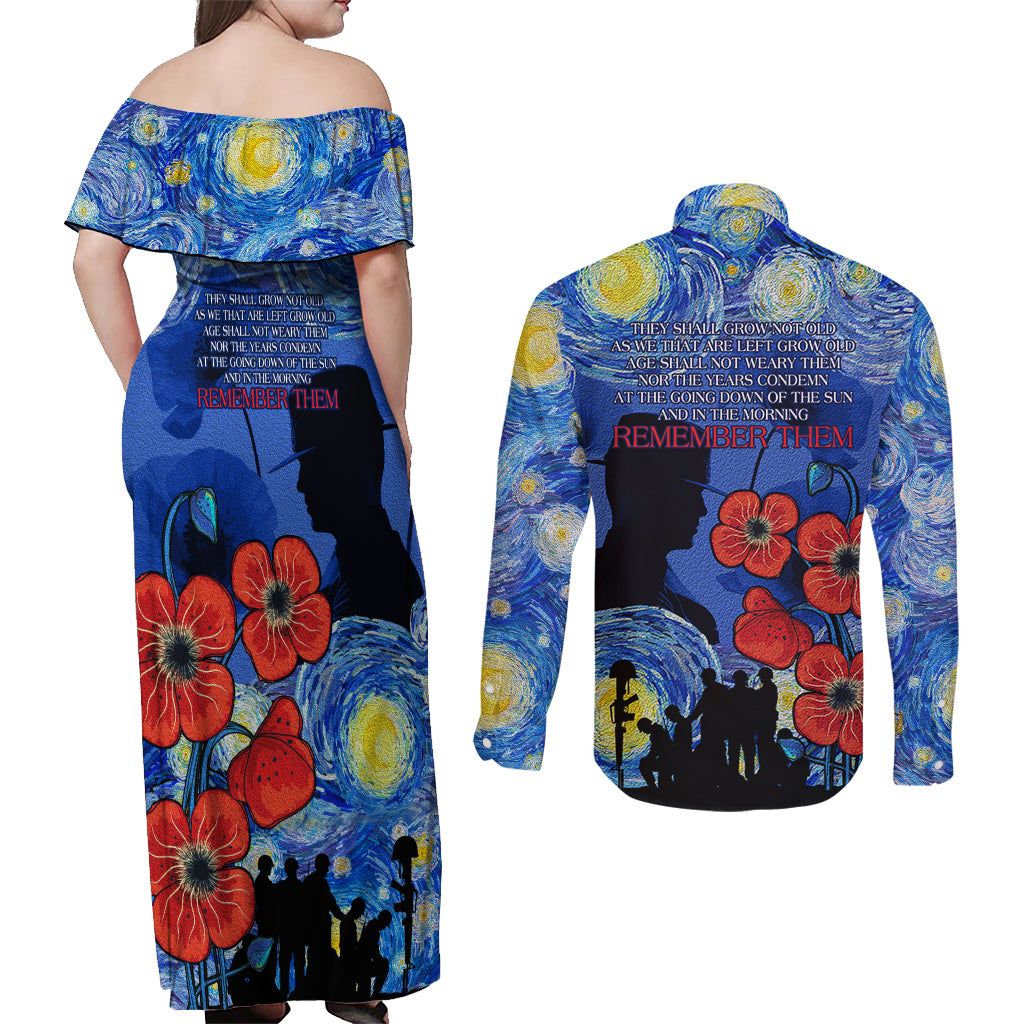 Remember Them ANZAC day Couples Matching Off Shoulder Maxi Dress and Long Sleeve Button Shirt Soldier In Starry Night Oil Paint Style