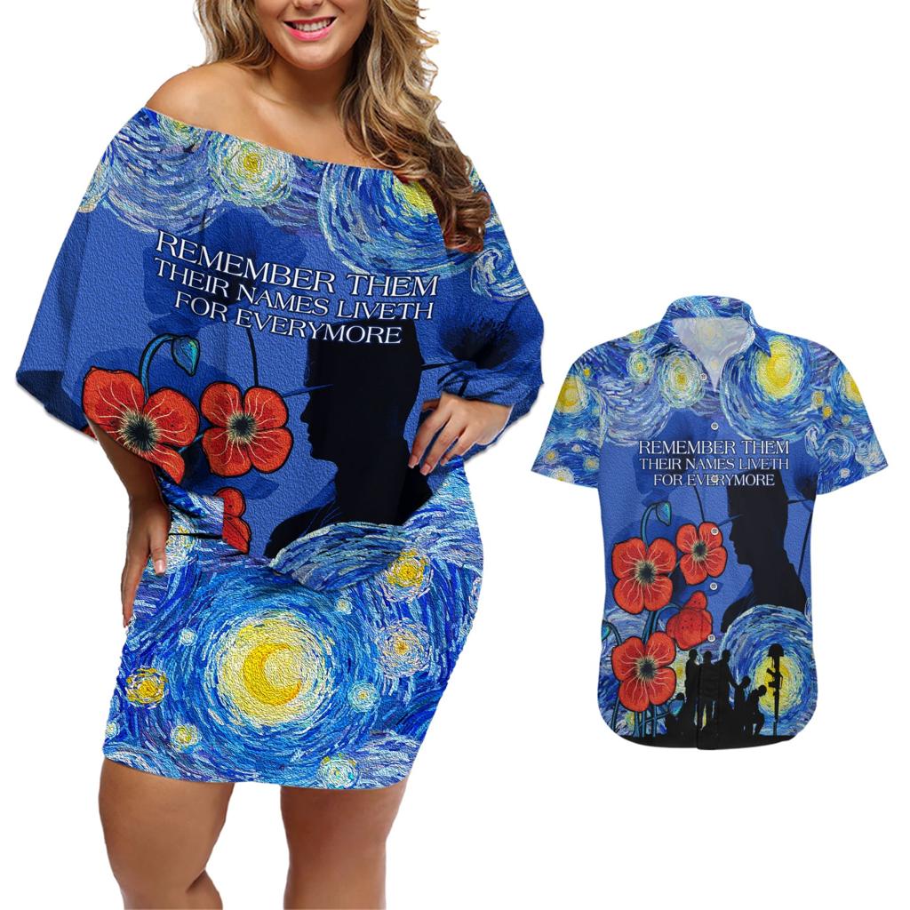 Remember Them ANZAC day Couples Matching Off Shoulder Short Dress and Hawaiian Shirt Soldier In Starry Night Oil Paint Style