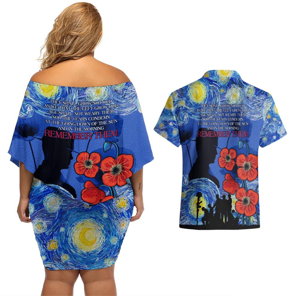 Remember Them ANZAC day Couples Matching Off Shoulder Short Dress and Hawaiian Shirt Soldier In Starry Night Oil Paint Style