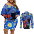 Remember Them ANZAC day Couples Matching Off Shoulder Short Dress and Long Sleeve Button Shirt Soldier In Starry Night Oil Paint Style