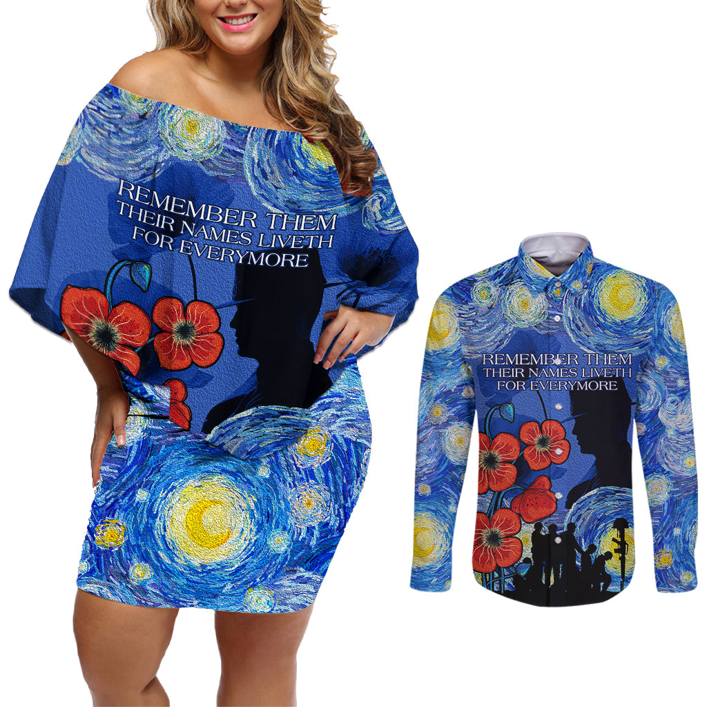 Remember Them ANZAC day Couples Matching Off Shoulder Short Dress and Long Sleeve Button Shirt Soldier In Starry Night Oil Paint Style
