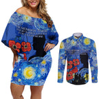 Remember Them ANZAC day Couples Matching Off Shoulder Short Dress and Long Sleeve Button Shirt Soldier In Starry Night Oil Paint Style