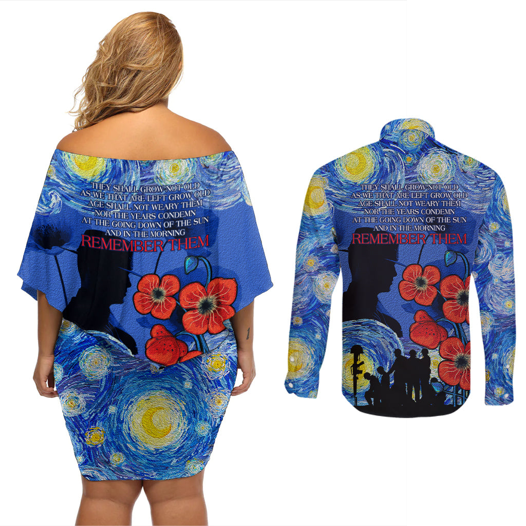 Remember Them ANZAC day Couples Matching Off Shoulder Short Dress and Long Sleeve Button Shirt Soldier In Starry Night Oil Paint Style