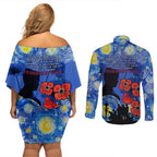 Remember Them ANZAC day Couples Matching Off Shoulder Short Dress and Long Sleeve Button Shirt Soldier In Starry Night Oil Paint Style