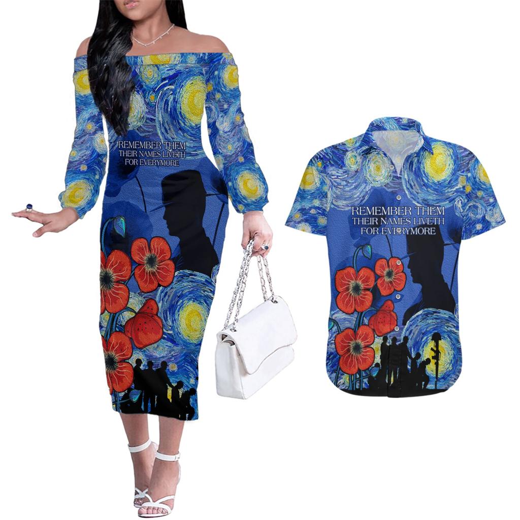 Remember Them ANZAC day Couples Matching Off The Shoulder Long Sleeve Dress and Hawaiian Shirt Soldier In Starry Night Oil Paint Style