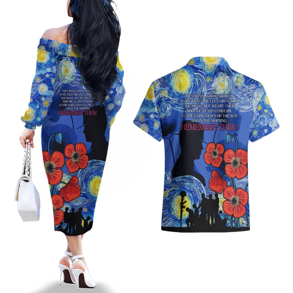 Remember Them ANZAC day Couples Matching Off The Shoulder Long Sleeve Dress and Hawaiian Shirt Soldier In Starry Night Oil Paint Style