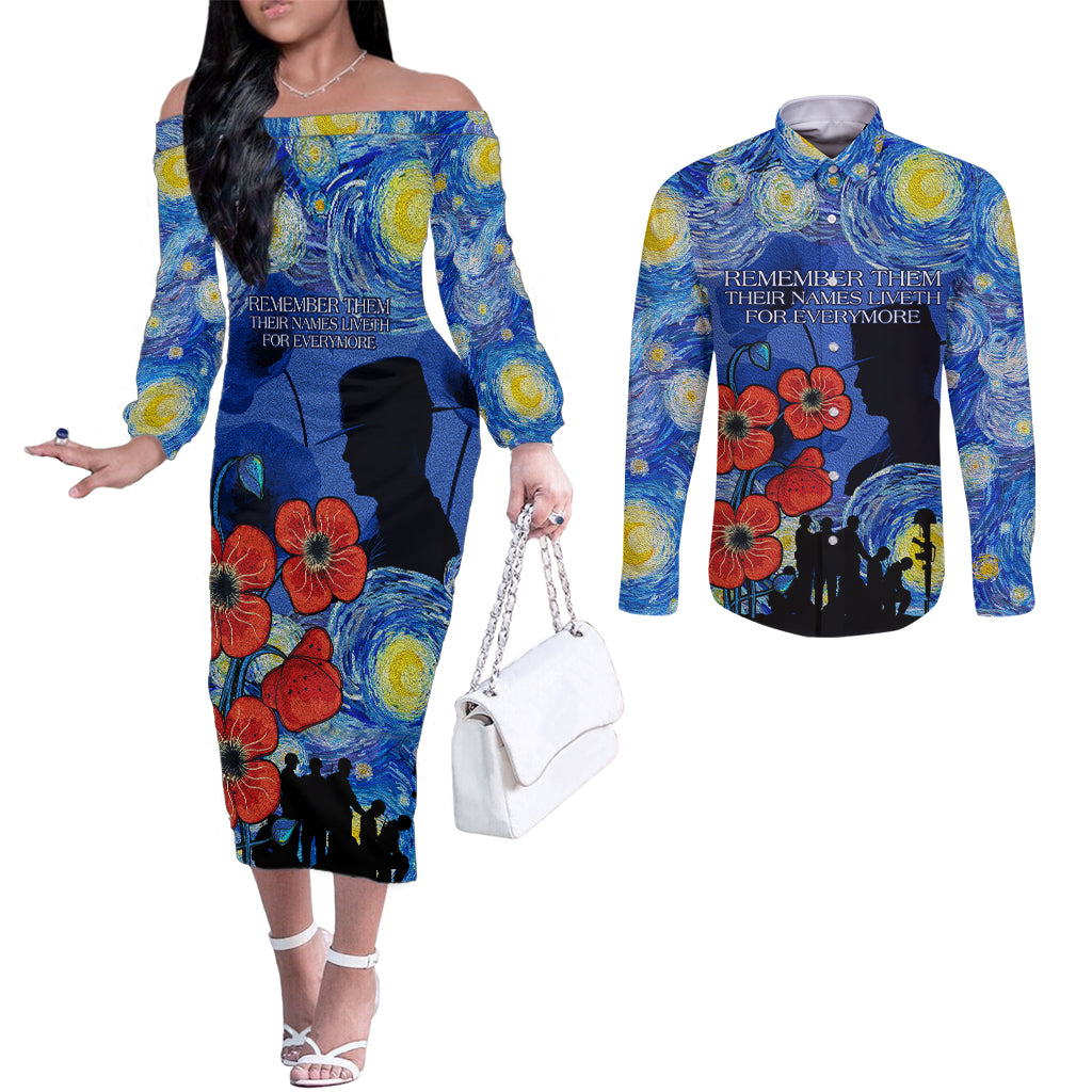 Remember Them ANZAC day Couples Matching Off The Shoulder Long Sleeve Dress and Long Sleeve Button Shirt Soldier In Starry Night Oil Paint Style
