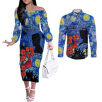 Remember Them ANZAC day Couples Matching Off The Shoulder Long Sleeve Dress and Long Sleeve Button Shirt Soldier In Starry Night Oil Paint Style