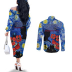 Remember Them ANZAC day Couples Matching Off The Shoulder Long Sleeve Dress and Long Sleeve Button Shirt Soldier In Starry Night Oil Paint Style