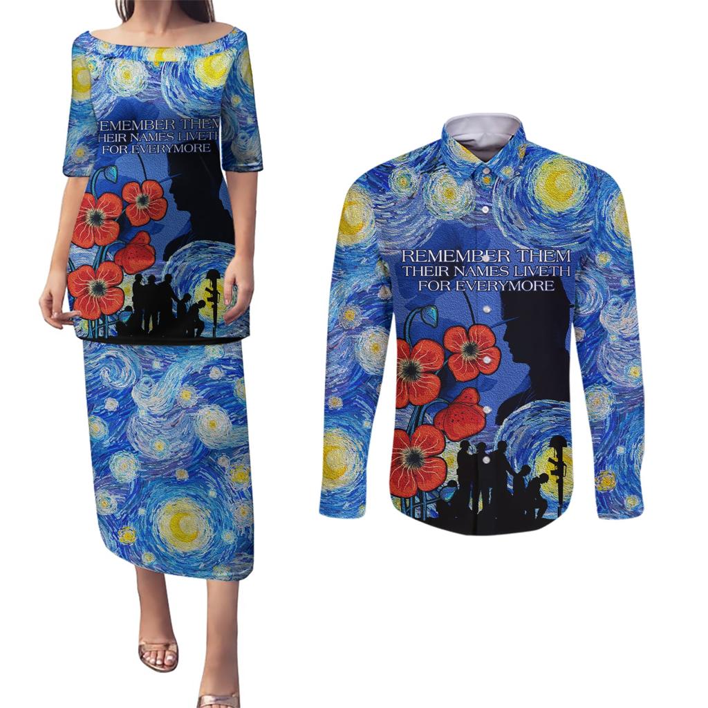 Remember Them ANZAC day Couples Matching Puletasi and Long Sleeve Button Shirt Soldier In Starry Night Oil Paint Style