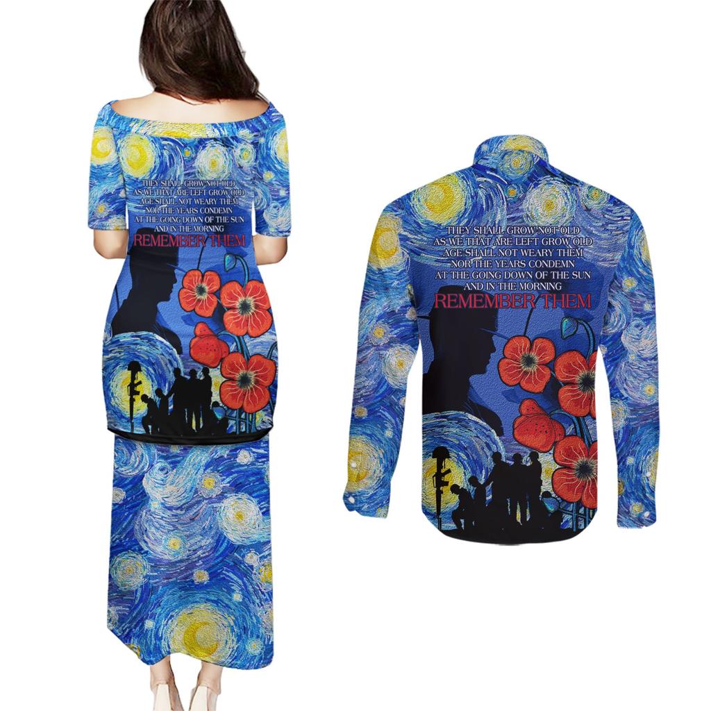 Remember Them ANZAC day Couples Matching Puletasi and Long Sleeve Button Shirt Soldier In Starry Night Oil Paint Style